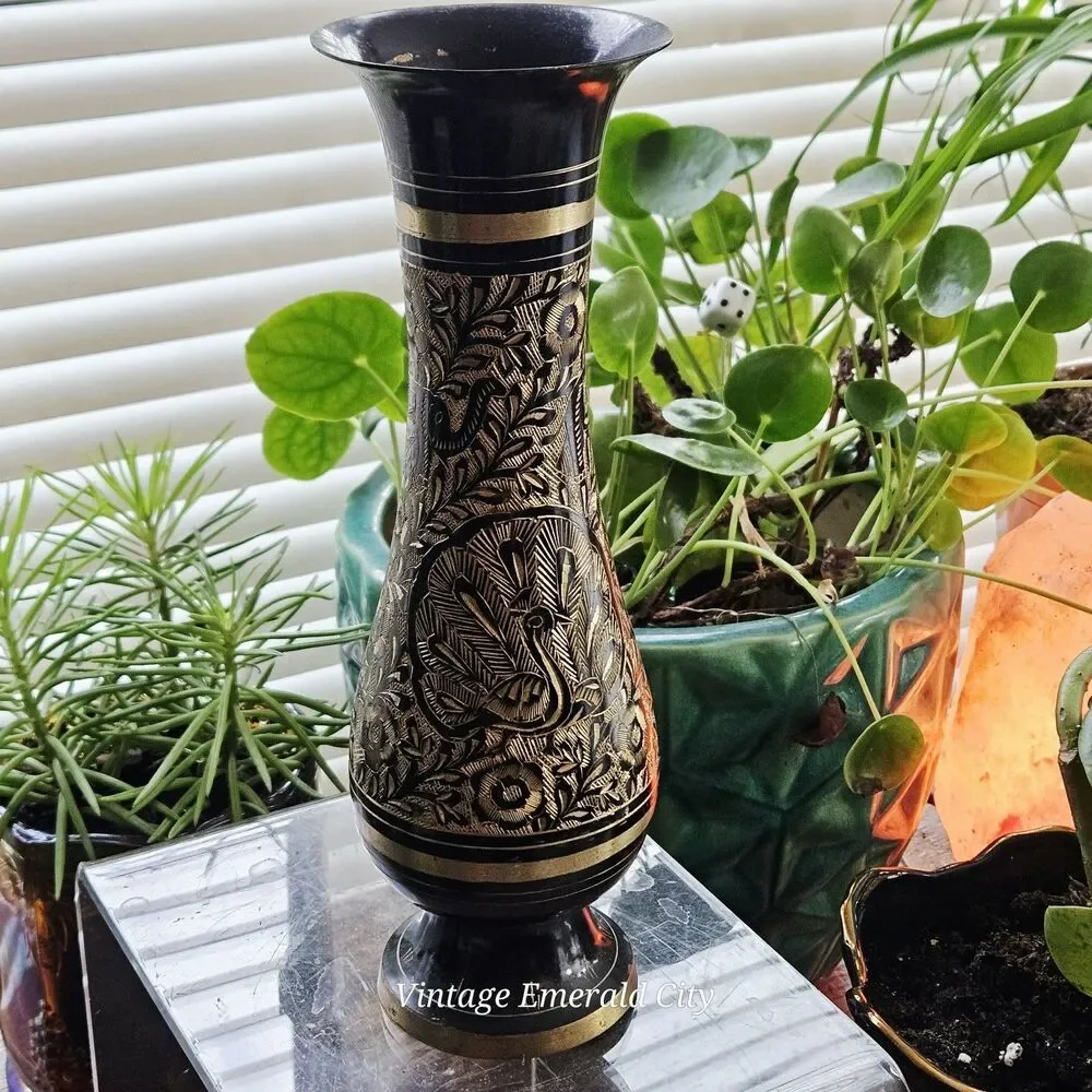 Vtg Black Gold Etched Brass Vase Peacock Floral Metalwork 9.5